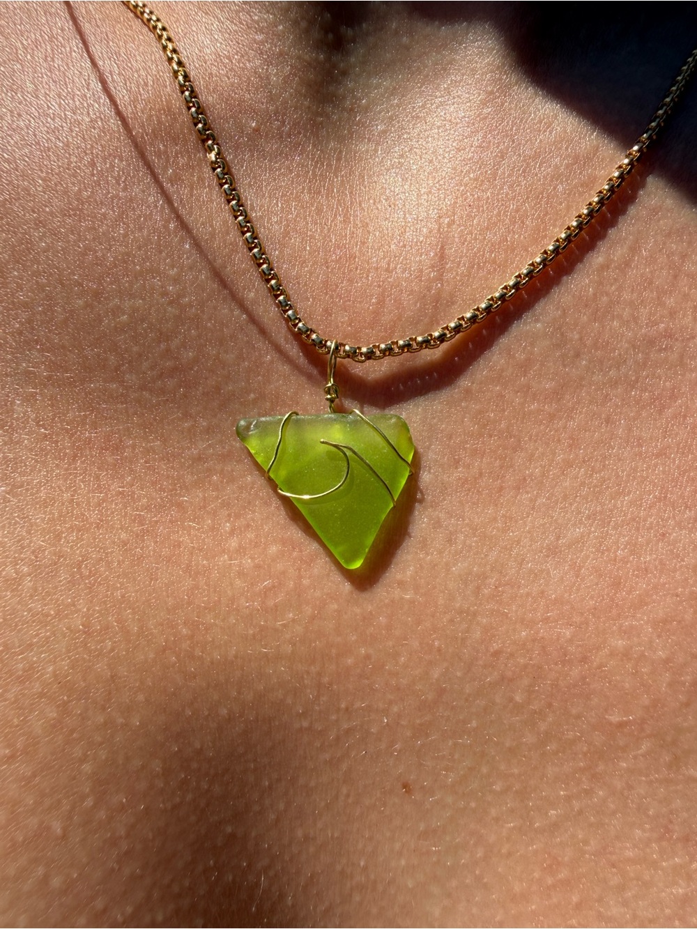 Handmade Gold Wave Wire Wrapped Key Lime Green Sea Glass Necklace